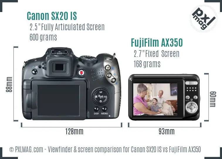 Canon SX20 IS vs FujiFilm AX350 Screen and Viewfinder comparison