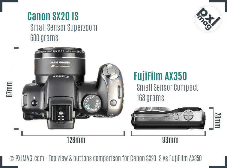 Canon SX20 IS vs FujiFilm AX350 top view buttons comparison