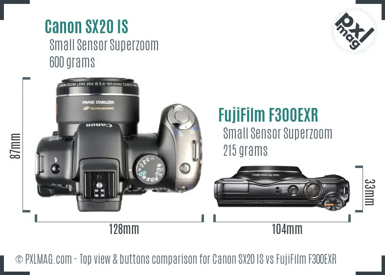 Canon SX20 IS vs FujiFilm F300EXR top view buttons comparison
