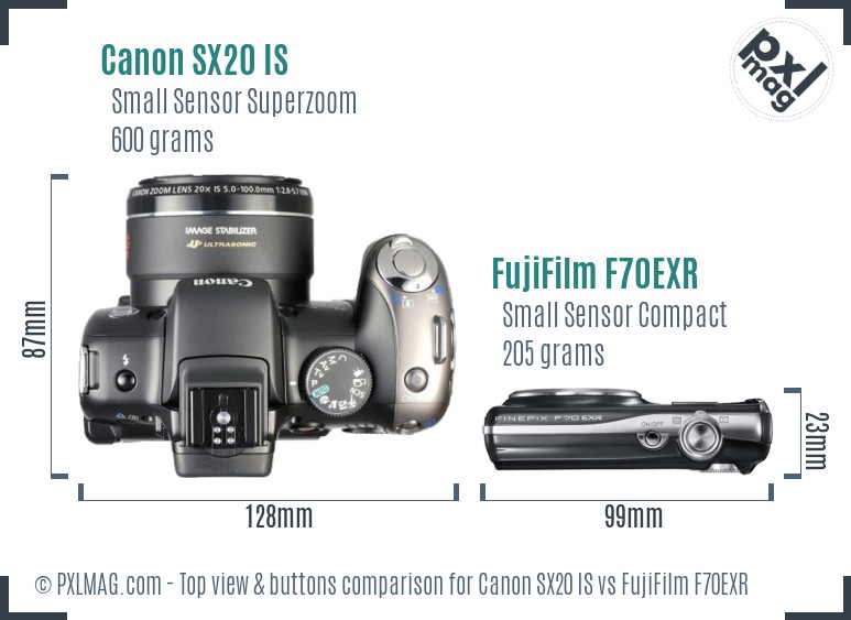 Canon SX20 IS vs FujiFilm F70EXR top view buttons comparison