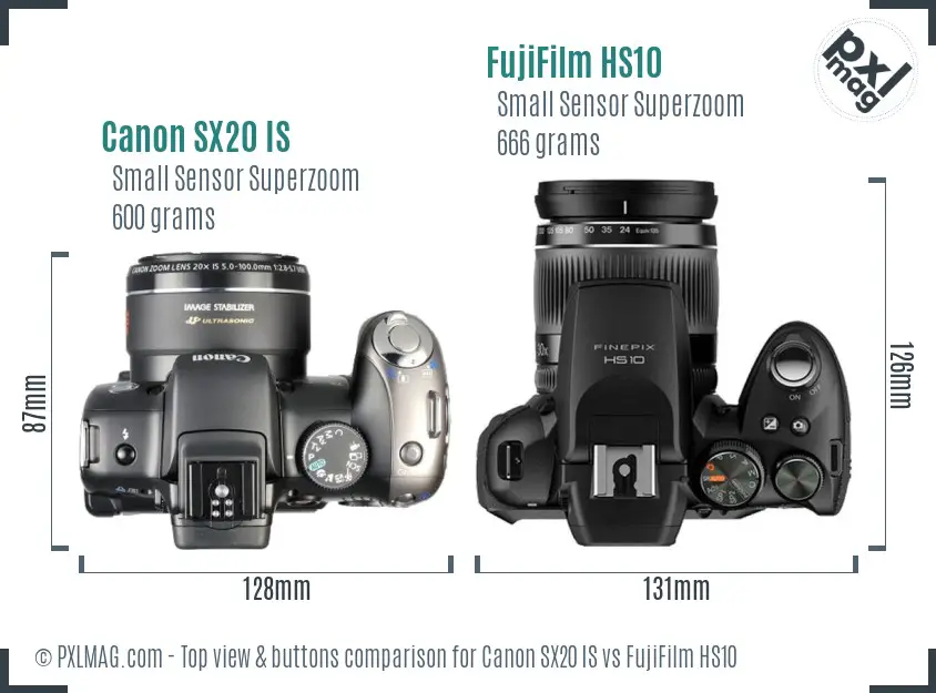 Canon SX20 IS vs FujiFilm HS10 top view buttons comparison