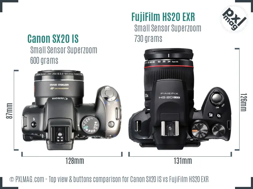 Canon SX20 IS vs FujiFilm HS20 EXR top view buttons comparison