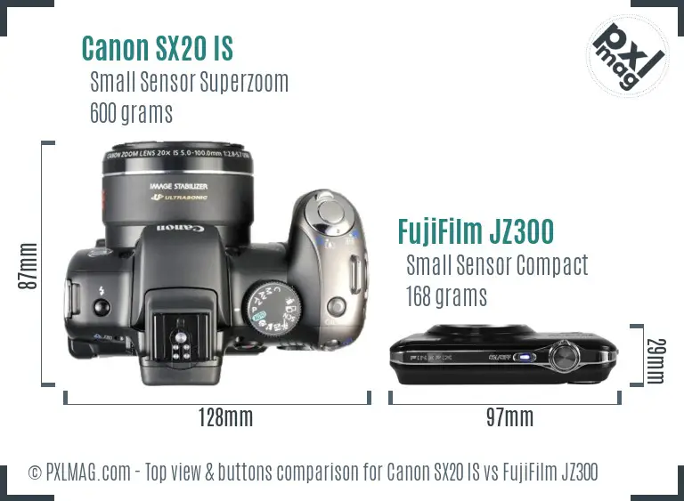 Canon SX20 IS vs FujiFilm JZ300 top view buttons comparison