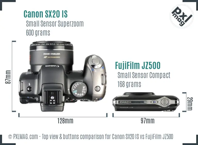 Canon SX20 IS vs FujiFilm JZ500 top view buttons comparison Canon SX20 IS vs FujiFilm JZ500 top view buttons comparison