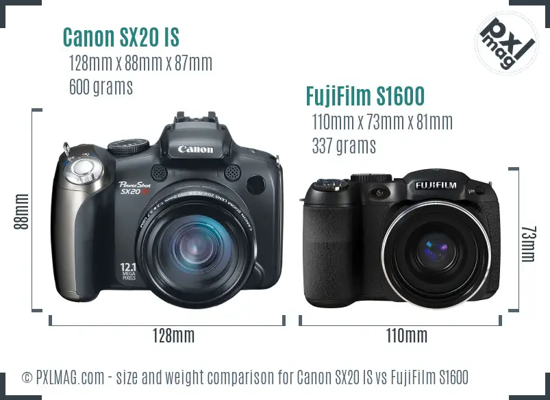 Canon SX20 IS vs FujiFilm S1600 size comparison