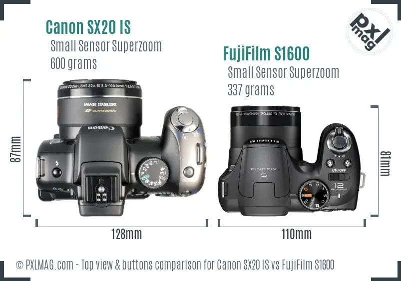 Canon SX20 IS vs FujiFilm S1600 top view buttons comparison