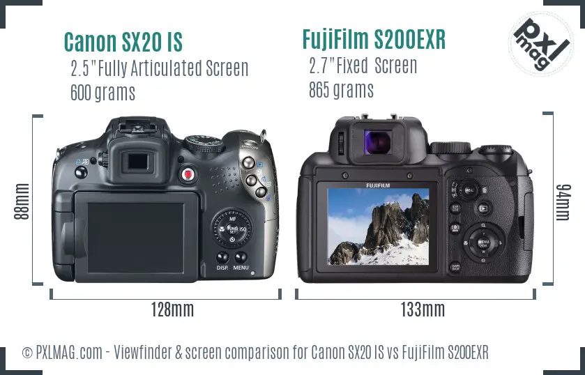 Canon SX20 IS vs FujiFilm S200EXR Screen and Viewfinder comparison