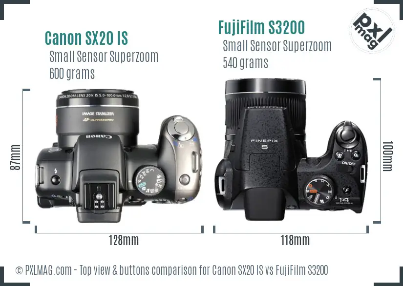 Canon SX20 IS vs FujiFilm S3200 top view buttons comparison Canon SX20 IS vs FujiFilm S3200 top view buttons comparison