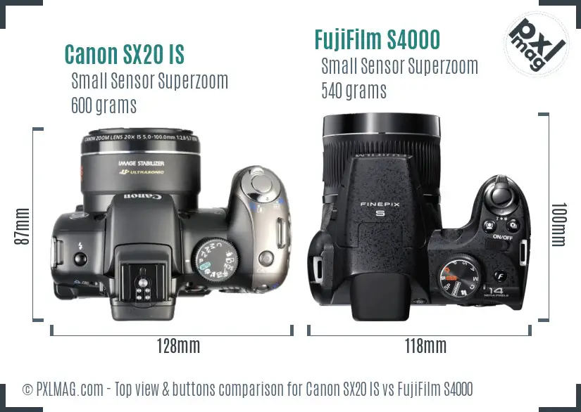 Canon SX20 IS vs FujiFilm S4000 top view buttons comparison