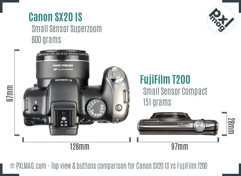 Canon SX20 IS vs FujiFilm T200 top view buttons comparison Canon SX20 IS vs FujiFilm T200 top view buttons comparison