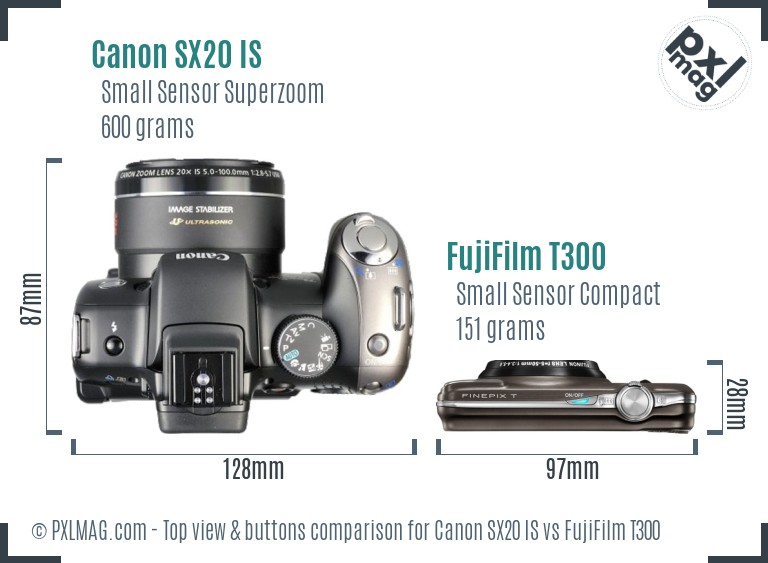 Canon SX20 IS vs FujiFilm T300 top view buttons comparison
