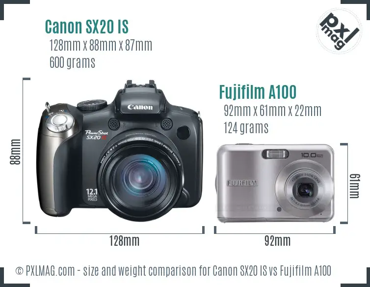 Canon SX20 IS vs Fujifilm A100 size comparison