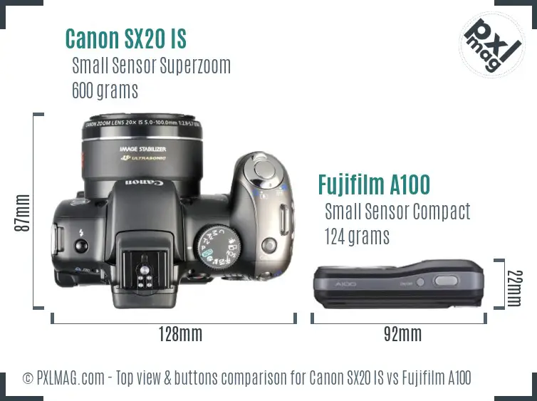 Canon SX20 IS vs Fujifilm A100 top view buttons comparison