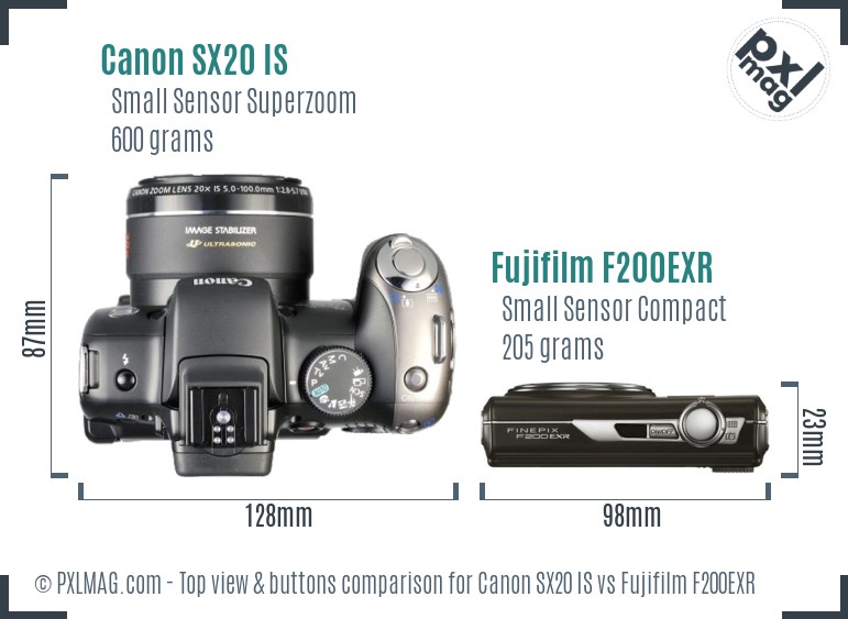 Canon SX20 IS vs Fujifilm F200EXR top view buttons comparison