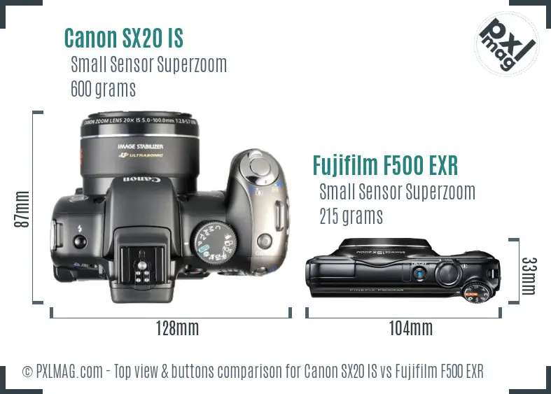 Canon SX20 IS vs Fujifilm F500 EXR top view buttons comparison