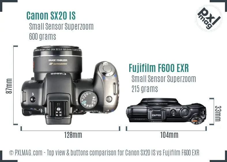 Canon SX20 IS vs Fujifilm F600 EXR top view buttons comparison Canon SX20 IS vs Fujifilm F600 EXR top view buttons comparison