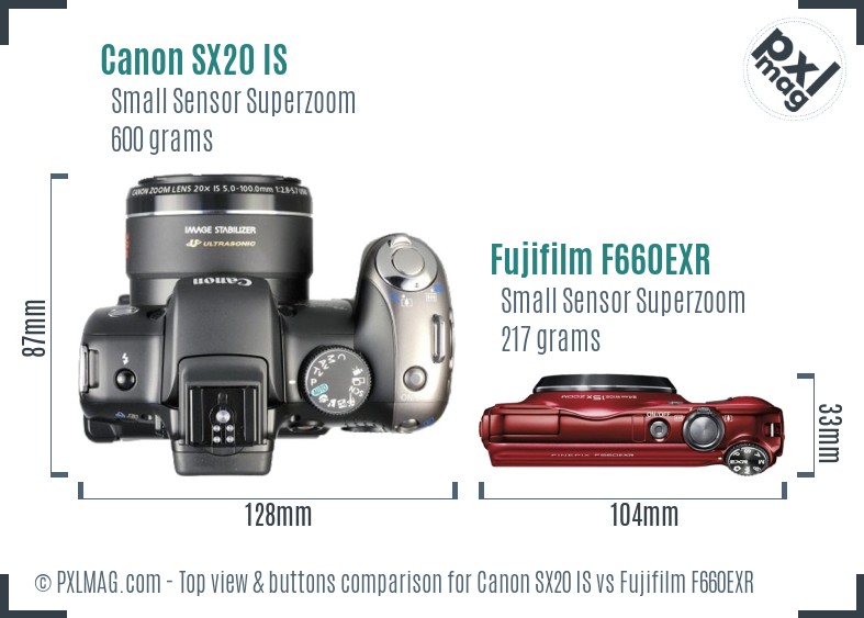 Canon SX20 IS vs Fujifilm F660EXR top view buttons comparison
