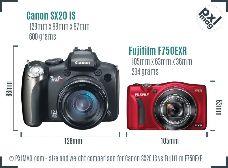Canon SX20 IS vs Fujifilm F750EXR size comparison