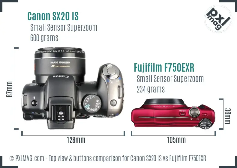 Canon SX20 IS vs Fujifilm F750EXR top view buttons comparison