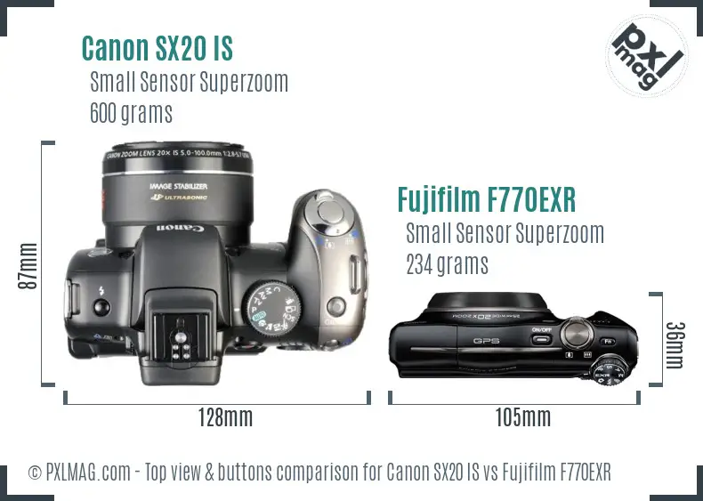 Canon SX20 IS vs Fujifilm F770EXR top view buttons comparison
