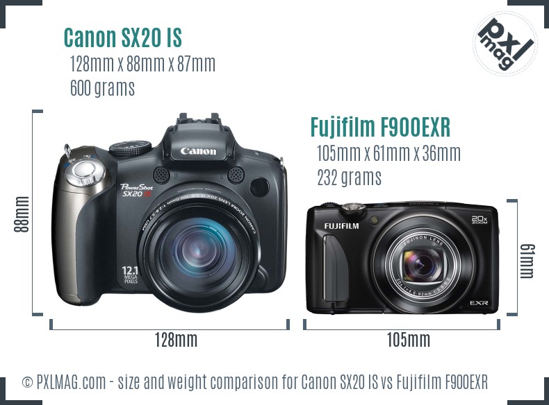Canon SX20 IS vs Fujifilm F900EXR size comparison