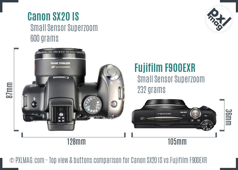Canon SX20 IS vs Fujifilm F900EXR top view buttons comparison