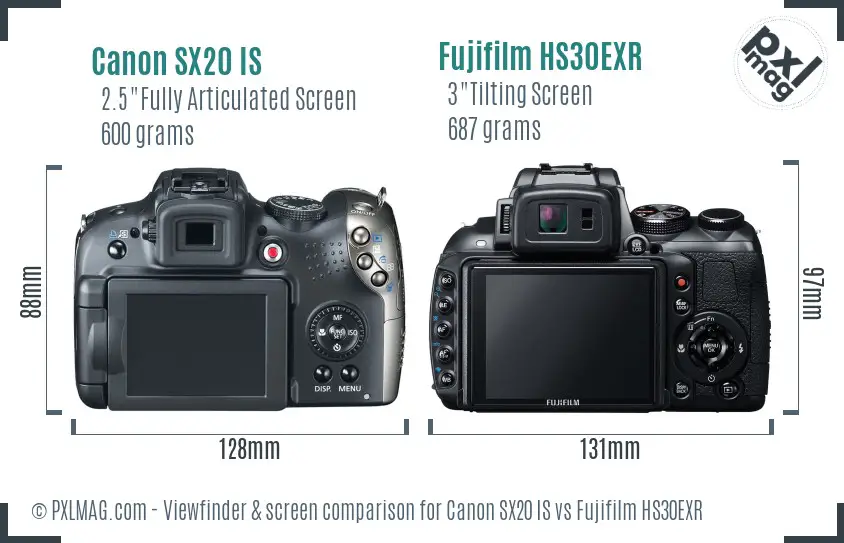 Canon SX20 IS vs Fujifilm HS30EXR Screen and Viewfinder comparison
