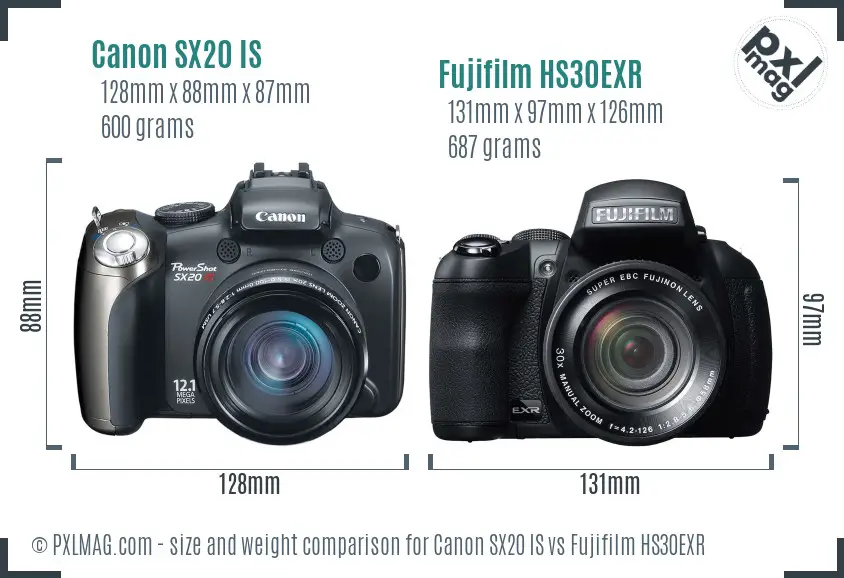 Canon SX20 IS vs Fujifilm HS30EXR size comparison