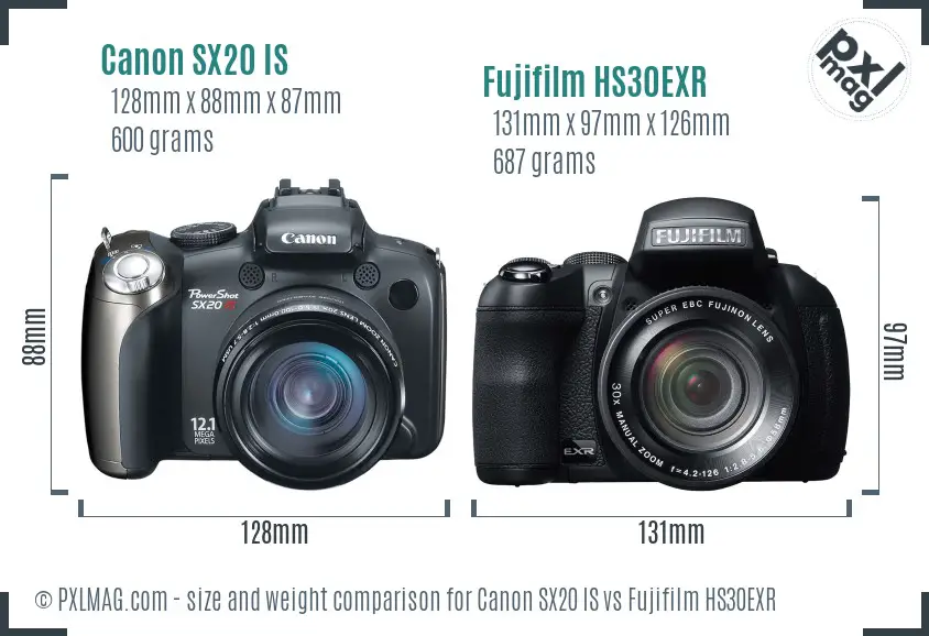Canon SX20 IS vs Fujifilm HS30EXR size comparison Canon SX20 IS vs Fujifilm HS30EXR size comparison