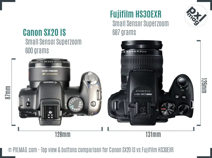 Canon SX20 IS vs Fujifilm HS30EXR top view buttons comparison