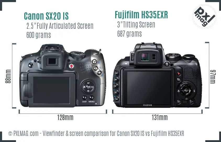 Canon SX20 IS vs Fujifilm HS35EXR Screen and Viewfinder comparison