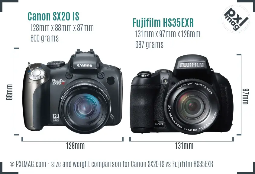 Canon SX20 IS vs Fujifilm HS35EXR size comparison