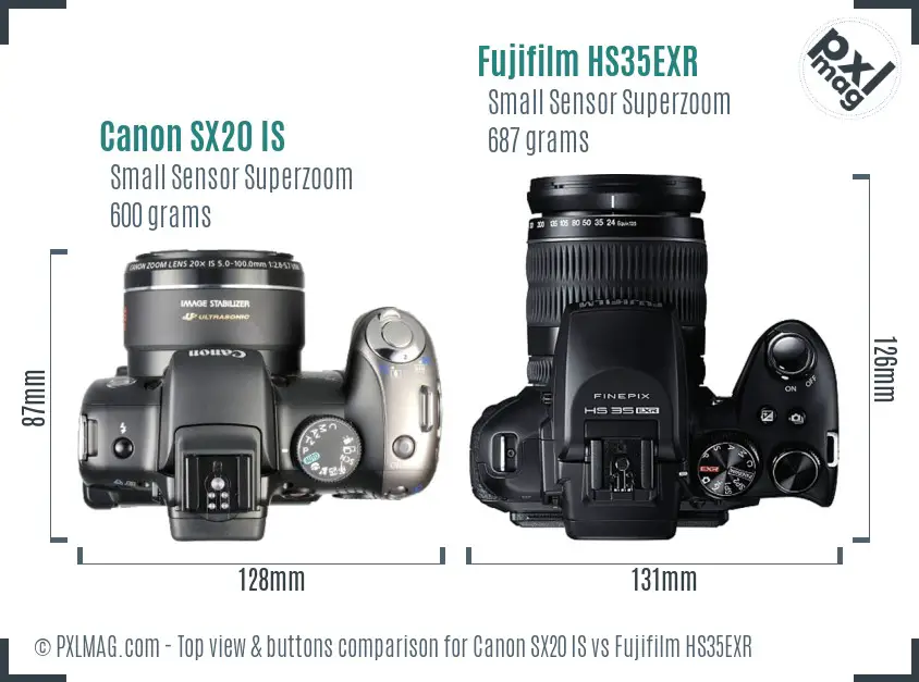 Canon SX20 IS vs Fujifilm HS35EXR top view buttons comparison