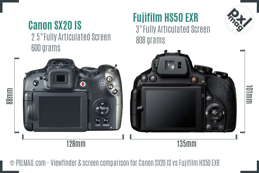 Canon SX20 IS vs Fujifilm HS50 EXR Screen and Viewfinder comparison