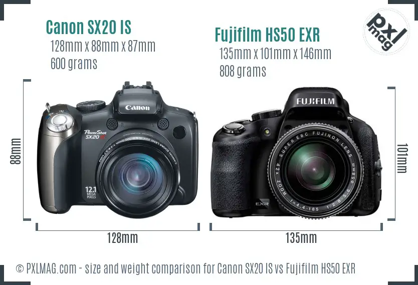 Canon SX20 IS vs Fujifilm HS50 EXR size comparison