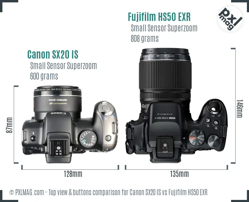 Canon SX20 IS vs Fujifilm HS50 EXR top view buttons comparison