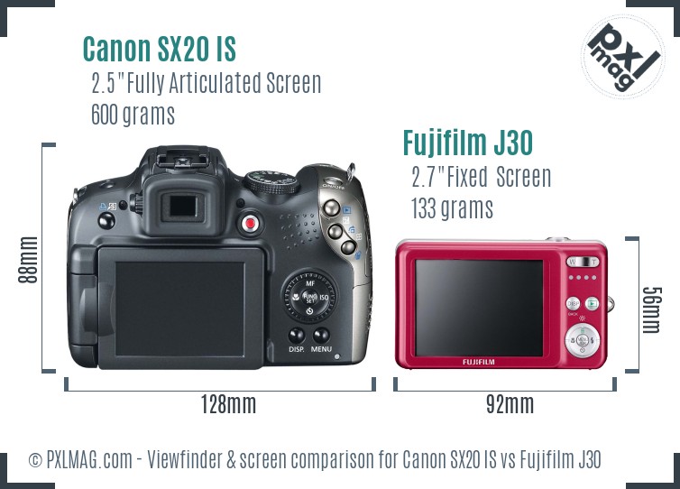 Canon SX20 IS vs Fujifilm J30 Screen and Viewfinder comparison