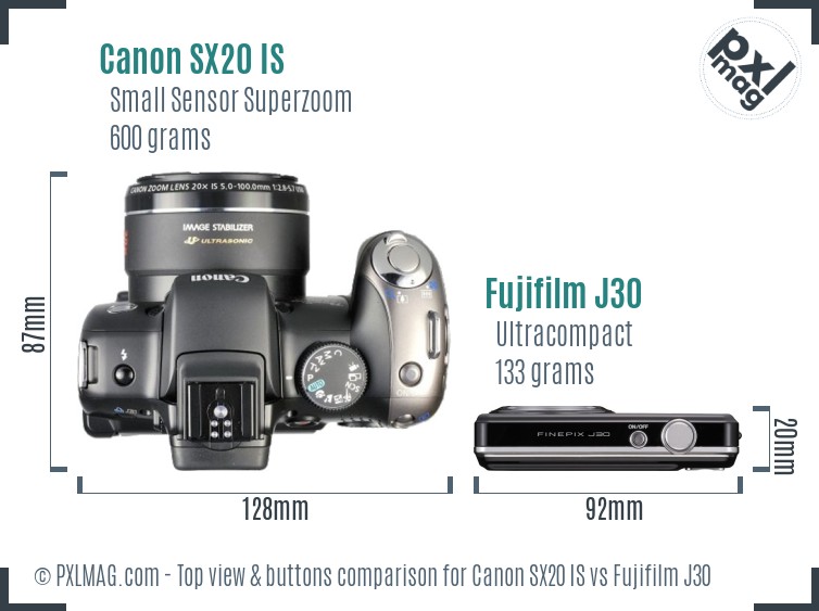 Canon SX20 IS vs Fujifilm J30 top view buttons comparison