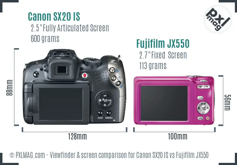 Canon SX20 IS vs Fujifilm JX550 Screen and Viewfinder comparison