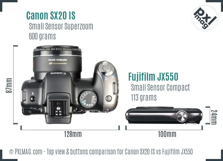 Canon SX20 IS vs Fujifilm JX550 top view buttons comparison