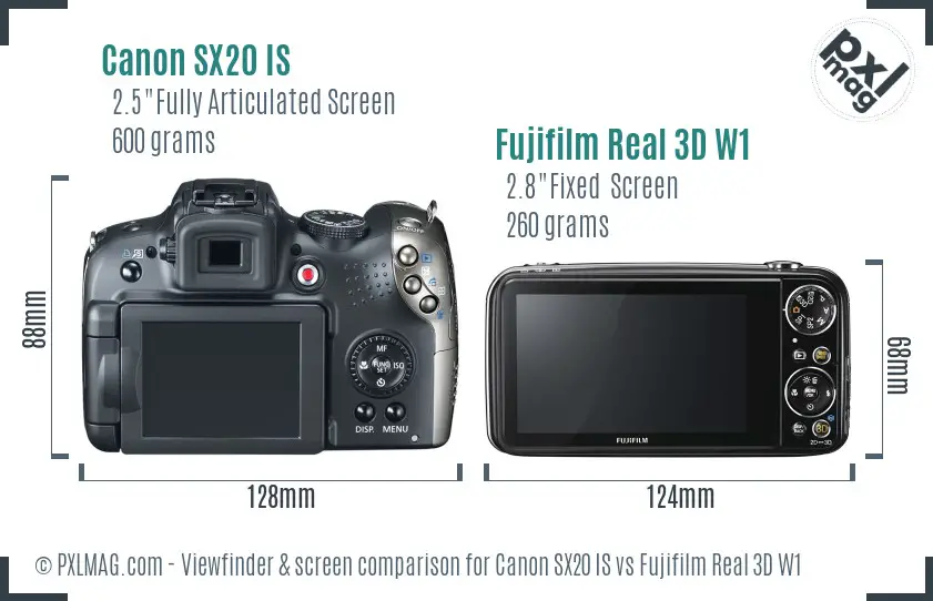 Canon SX20 IS vs Fujifilm Real 3D W1 Screen and Viewfinder comparison