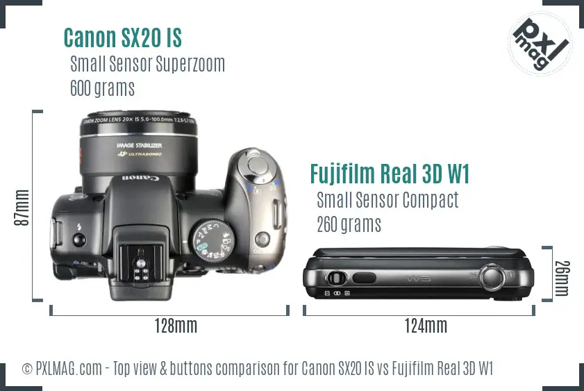 Canon SX20 IS vs Fujifilm Real 3D W1 top view buttons comparison