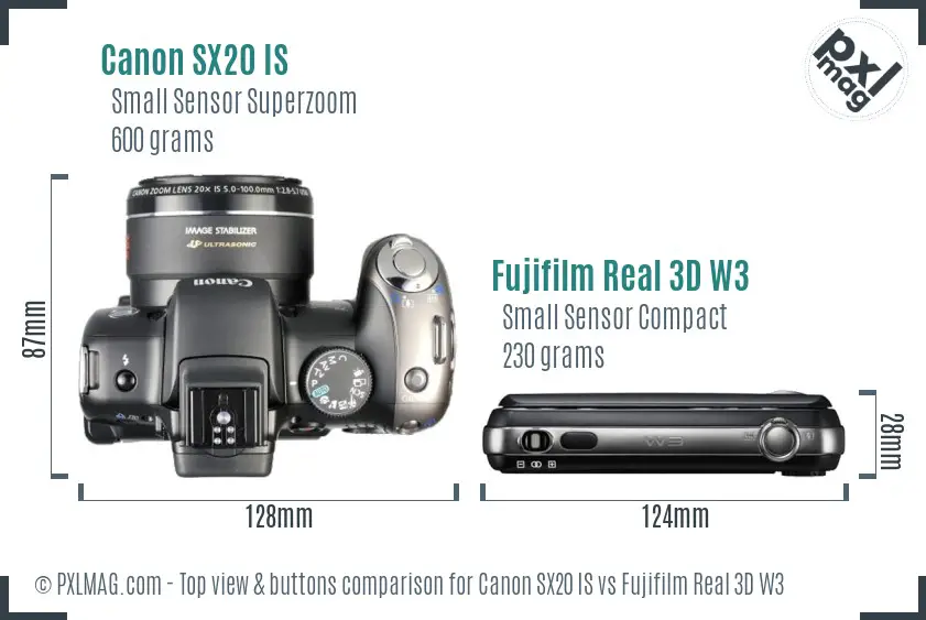 Canon SX20 IS vs Fujifilm Real 3D W3 top view buttons comparison Canon SX20 IS vs Fujifilm Real 3D W3 top view buttons comparison