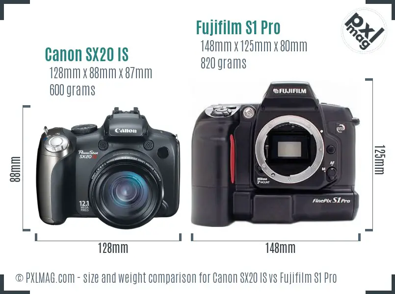 Canon SX20 IS vs Fujifilm S1 Pro size comparison