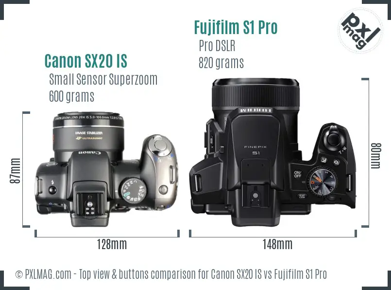 Canon SX20 IS vs Fujifilm S1 Pro top view buttons comparison