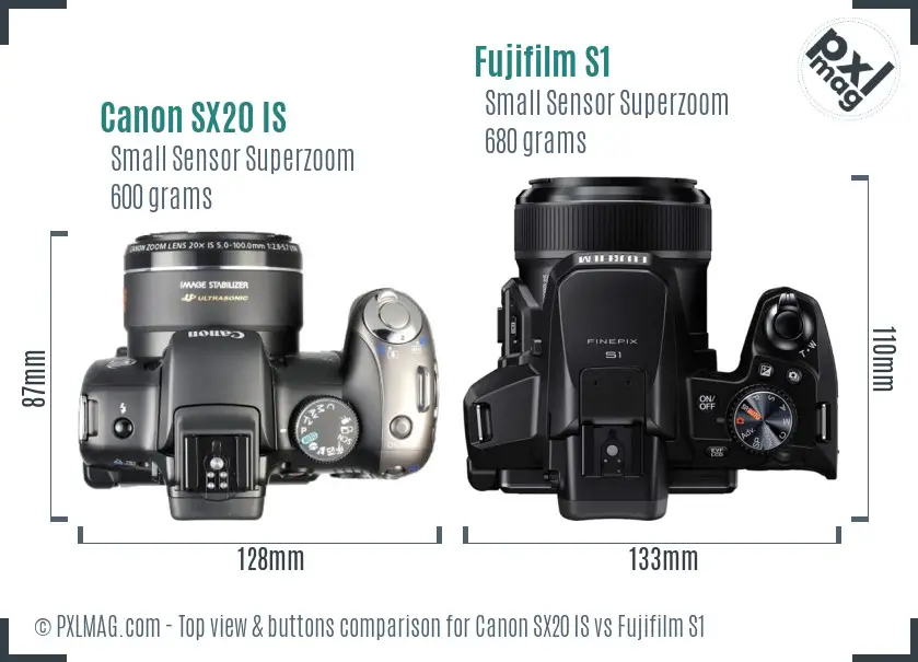 Canon SX20 IS vs Fujifilm S1 top view buttons comparison