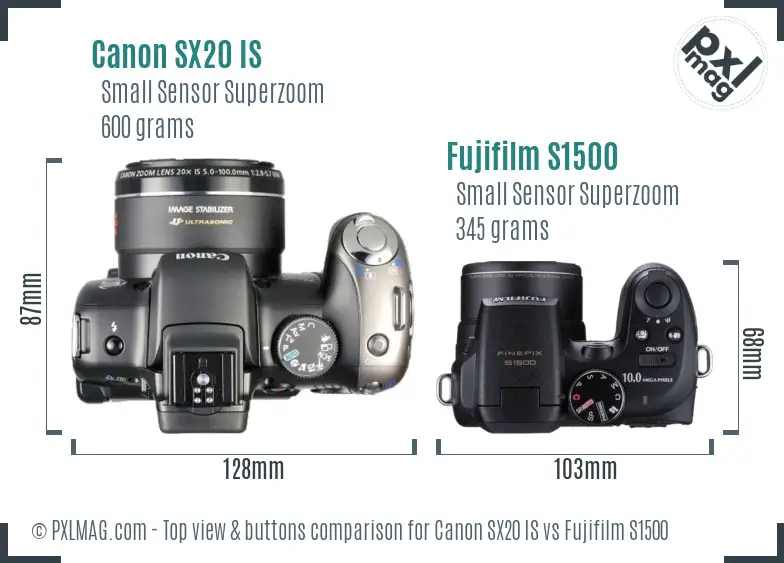 Canon SX20 IS vs Fujifilm S1500 top view buttons comparison