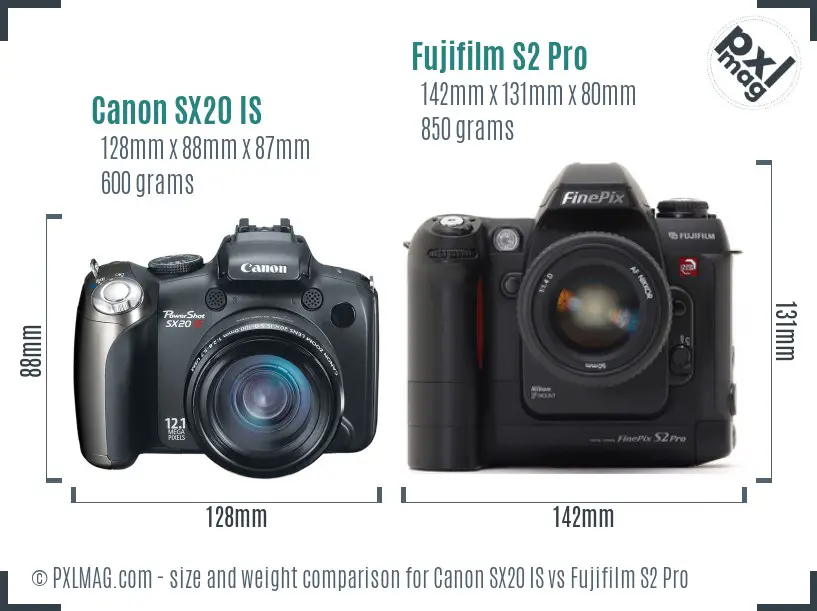 Canon SX20 IS vs Fujifilm S2 Pro size comparison