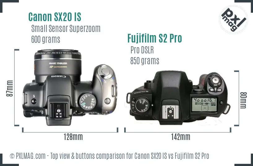 Canon SX20 IS vs Fujifilm S2 Pro top view buttons comparison