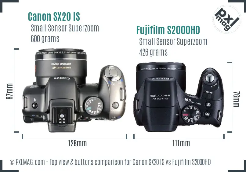 Canon SX20 IS vs Fujifilm S2000HD top view buttons comparison
